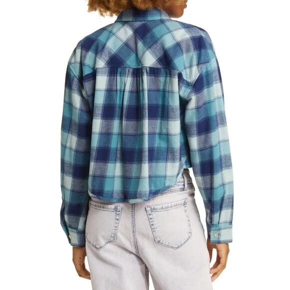 BP Plaid Cropped Flannel Button Up Shirt in Blue Lucie Plaid - Picture 3 of 9